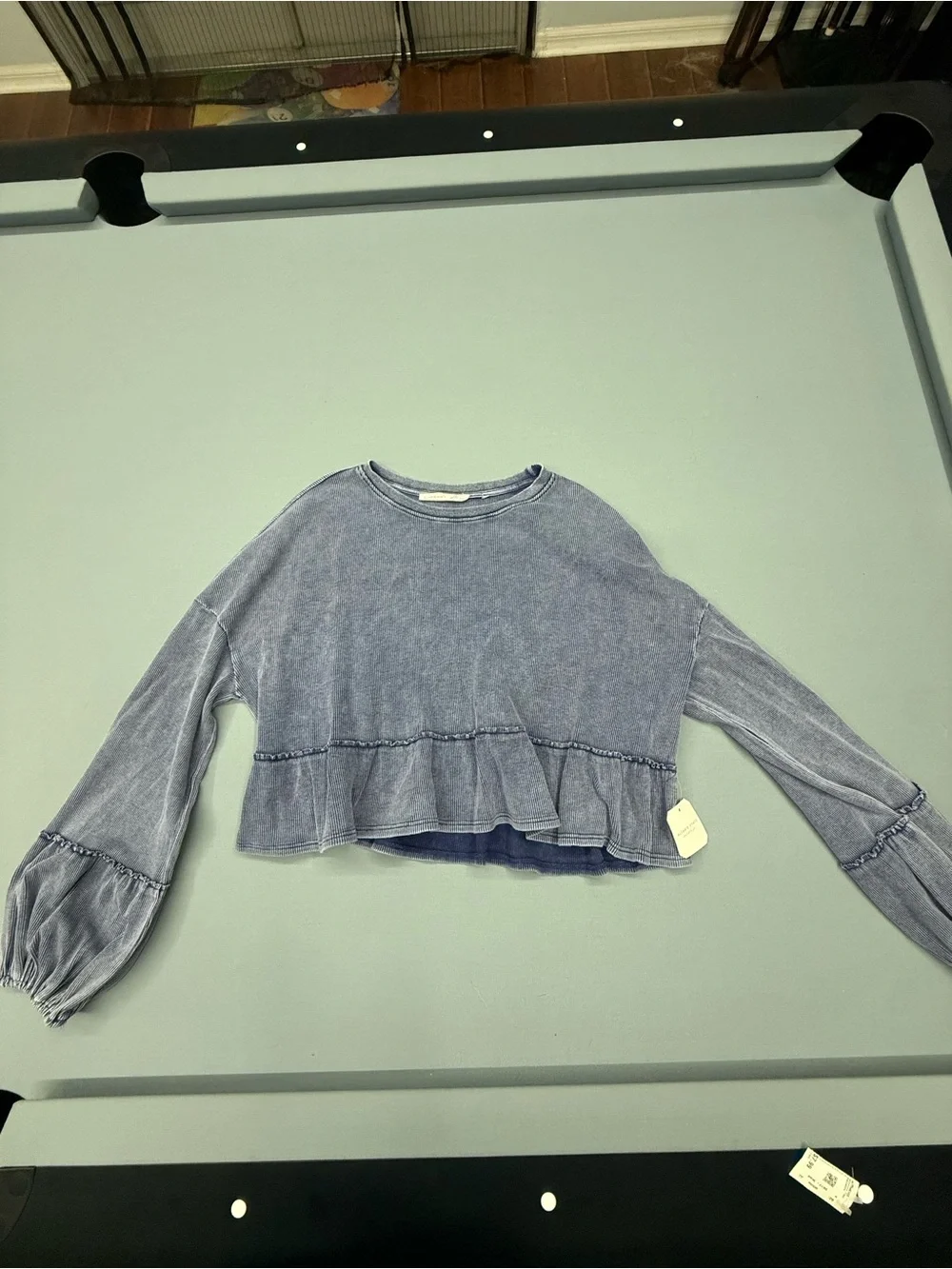 Altar'd State Washed Blue Ruffle-Hem Crop Top